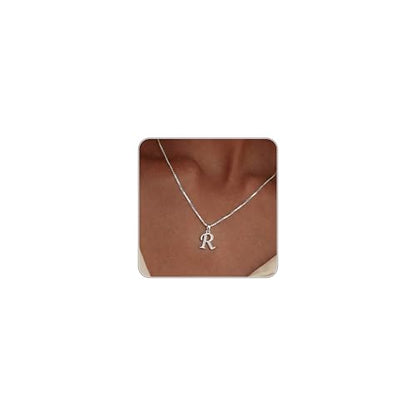 Initial Necklace for Women, 14K Gold Silver Plated Box Chain Letter Pendant, Trendy Name Necklace, Dainty Personalized Charm Jewelry Gift for Her - color: Silver, style: R