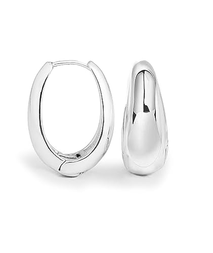 Altitude Boutique 18K Small Chunky Gold Hoops | Thick Oval Tube Earrings | Lightweight, Hypoallergenic Open Hoop Earrings For Women - color: Silver