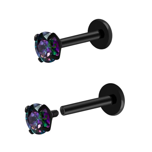 16G 18G Titanium Internal Thread CZ Stud Earrings Flat Back, Silver Black Tragus Helix Conch Cartilage Piercing Jewelry for Women Men 6mm 8mm 10mm Labret Studs 2PCS - color: Black, 16g, 6mm bar, 4mm RQ CZ