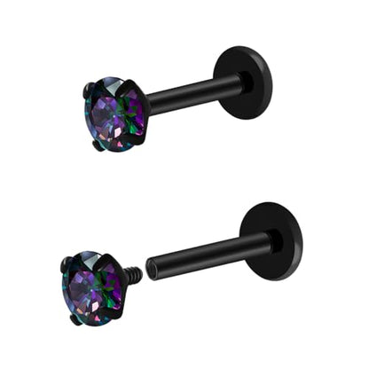 16G 18G Titanium Internal Thread CZ Stud Earrings Flat Back, Silver Black Tragus Helix Conch Cartilage Piercing Jewelry for Women Men 6mm 8mm 10mm Labret Studs 2PCS - color: Black, 16g, 6mm bar, 4mm RQ CZ