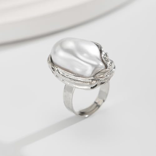 GIGB PBDK Gold Plated Baroque Pearl Ring for Women Fashion Chunky Irregular Pearl Knuckle Statement Ring Minimalist Promise Ring Bridal Wedding Charm Jewelry - color: Silver