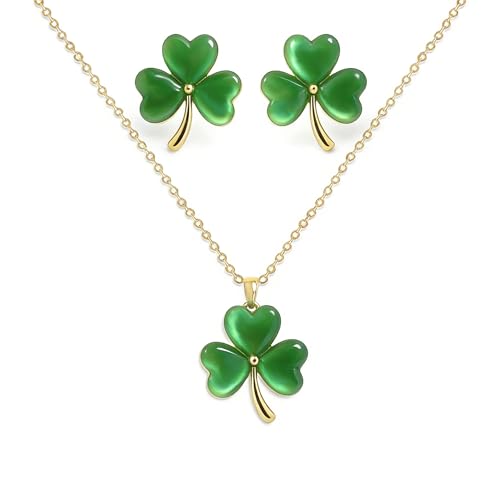 Gold Silver Stud Earrings Pendent Necklace Sets for Women, Dainty Rhinestone Crystal Necklace Earing Jewelry Set Wedding Accessories Fashion Holiday Gift - color: Clover Leaf 3