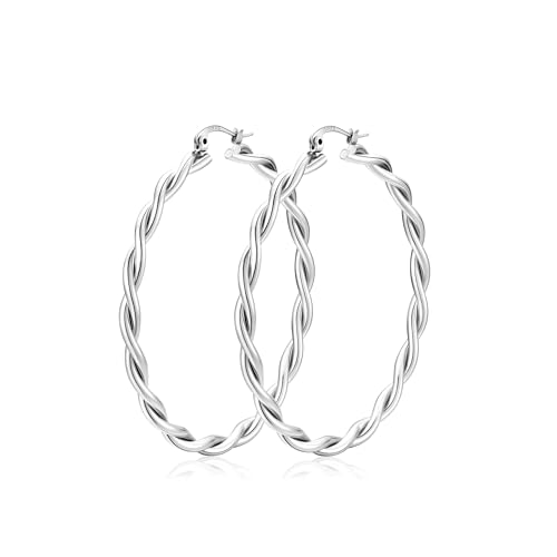 Apsvo Hoop Earrings for Women, 5mm Wide 14K Gold Plated/Silver Hoop Earring Hypoallergenic 925 Sterling Silver Earrings Lightweight Large Earrings for Women - color: Silver Twist-30mm