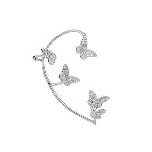 Luxury 3D Butterfly Cuff Earrings Ear Wrap Earrings Crystal CZ No Piercing Ear Clip Crawler Full Rhinestone for Women Wedding Jewelry - style: 1 Pairs Silver