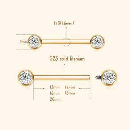 AROWRO Nipple Piercing Jewelry Nipple Rings Titanium Nipple Rings Implant Grade Hypoallergenic 14G Internally Threaded Straight Barbells with Cubic Zirconia Opal Gold Silver Rose Gold Black 12mm 14mm 16mm 18mm 20mm - color: Gold+White Opal