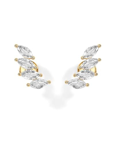 PAVOI 14K Gold Plated Navette CZ Crawler Stud Flat Back Earrings for Women | Hypoallergenic Earrings with 925 Sterling Silver Posts, Small Cartilage Cubic Zirconia Stud Earring, Helix Piercing Jewelry - color: Yellow Gold
