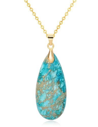 Stone Necklaces for Women Teardrop Gemstone Pendant Necklace Natural Stone Chain Necklaces - color: Turquoise Gold