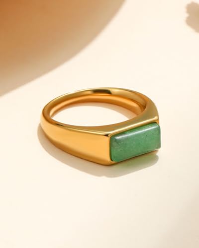 YeGieonr Gold Signet Rings for Women Non Tarnish Gold Rings, Waterproof Gemstones Statement Ring, 18K Gold Plated Stainless Steel Gem Stone Jewelry Gift for Everyday Wear - color: Jade