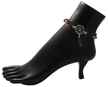 Mia Jewel Shop Dream Catcher Feather Charm Dangle Seed Beaded Multi Strand Anklet - Womens Southwest Fashion Handmade Jewelry Boho Accessories - color: Rasta/Black