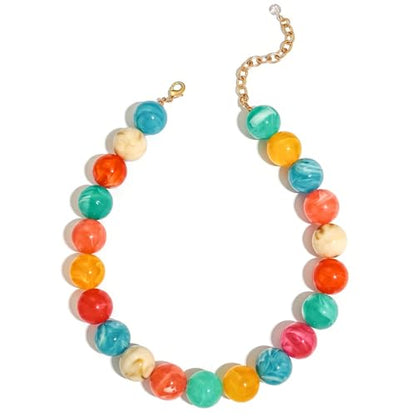 Chunky Beaded Choker Necklace for Women Boho Statement Necklace with Large Pearl Blue Brown Tone Resin Beads Summer Beach Jewelry Gifts - color: Tropical Turquoise Orange