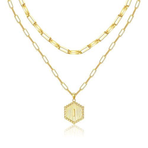 Layered Initial Necklace for Women | Gold Plated Paperclip Chain with Sunburst Hexagon Letter Pendant | Double Layer Alphabet Necklace | Personalized Minimalist Jewelry Gift - color: I