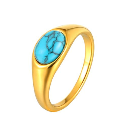 HIJONES Women's Stainless Steel Oval Opal Gemstone Dome Stacking Signet Ring Charming Wedding Jewelry - color: Blue Stone