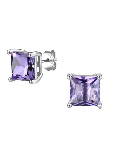 FindChic 2 Carat Birthstone Stud Earrings for Women, Round/Heart/Princess Cut Stud Earrings, Hypoallergenic Studs with 925 Sterling Silver Posts, 12 Months Birthday Jewelry Gift - color: 06. June-Alexandrite(Princess Cut)