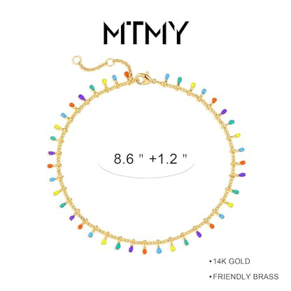 Gold Anklets for Women 14K Gold Plated Tiny Bead Anklet Colorful Tassel Foot Chain Dainty Adjustable Cute Summer Beach Boho Anklets Jewelry Gift - color: colorful tassel