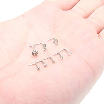 SCERRING 20G 8PCS Stainless Steel Flower Rose Heart L-Shaped Nose Stud Rings Piercing Jewelry Clear Cubic Zirconia - color: 8PCS - Silver