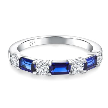 3.5mm Half Eternity Band Sterling Silver Rings for Women Sapphire/Ruby/Emerald and Cz Wedding Bands 7 Stone Stackable Birthstone Ring Anniversary Jewelry Size 6-10 - color: 09-Sapphire-Sep.