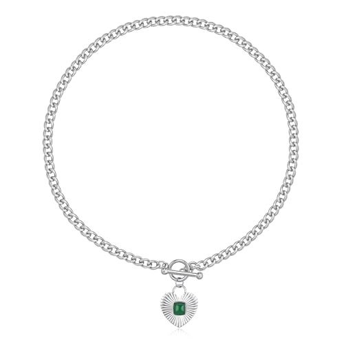 NUZON Sunburst Heart / 2-Tone Interlocking/CZ Evil Eye/Single Pearl/Love Heart Pendant Necklace for Women 14K Gold Chain Necklace Chunky Statement Jewelry - color: Heart-Toggle Clasp-Silver