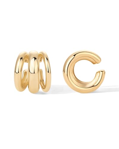 PAVOI 14K Gold Plated 925 Sterling Silver Round Huggie Ear Cuff Earrings for Women | Clip On Cartilage Cuff Earrings - style: Chunky Triple