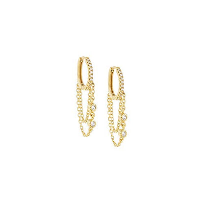 Round CZ Chain Dangle Drop Small Hoop Cuff Earrings S925 Sterling Silver for Women Cartilage Sensitive Ears Fashion Crystal Threader Tassel Hanging Personalized Huggie Hoops Gifts