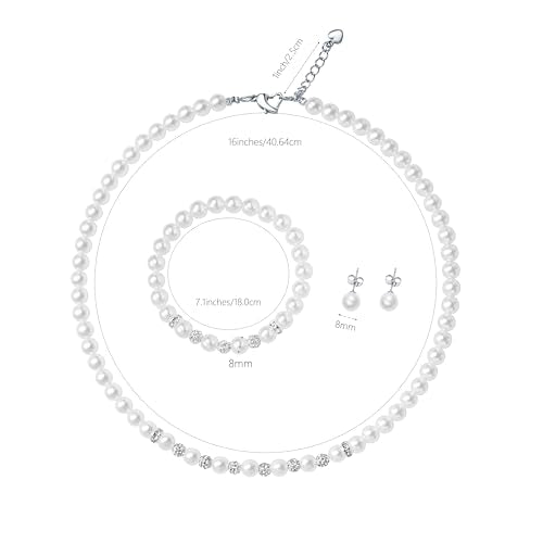 6mm Pearl Jewelry Set for Women & Girls, Necklace Bracelet Earrings | Sparkling Rhinestone Detail, Faux Pearl Set, Prom Gift - style: 16 inches white