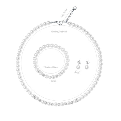 6mm Pearl Jewelry Set for Women & Girls, Necklace Bracelet Earrings | Sparkling Rhinestone Detail, Faux Pearl Set, Prom Gift - style: 16 inches white