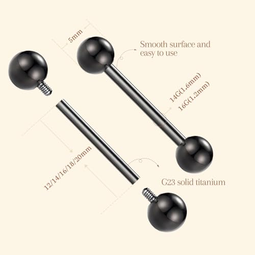 AROWRO Nipple Piercing Jewelry G23 Titanium Nipple Rings Tongue Rings Nipple Bar 14G Internally Threaded Straight Barbells Bridge Piercing Jewelry 12mm-20mm - color: Black