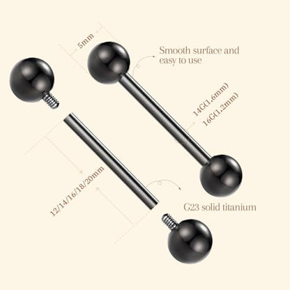 AROWRO Nipple Piercing Jewelry G23 Titanium Nipple Rings Tongue Rings Nipple Bar 14G Internally Threaded Straight Barbells Bridge Piercing Jewelry 12mm-20mm - color: Black