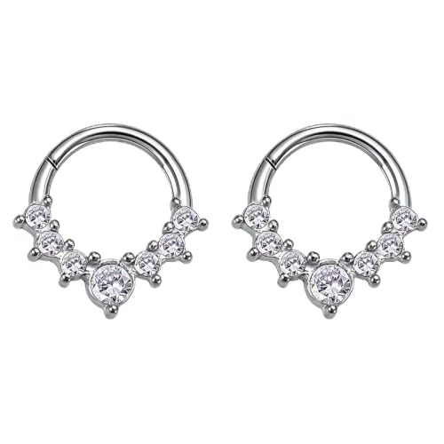 Cubic Zirconia Septum Nose Hoop Ring | 316L Stainless Steel,Round Rhinestone,Cartilage Huggie Earring,16G,8mm Piercing Jewelry,for Women Men - color: Silver