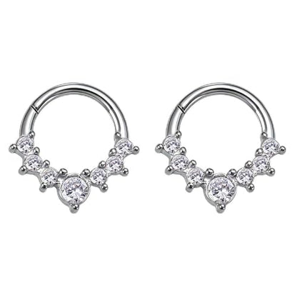 Cubic Zirconia Septum Nose Hoop Ring | 316L Stainless Steel,Round Rhinestone,Cartilage Huggie Earring,16G,8mm Piercing Jewelry,for Women Men - color: Silver