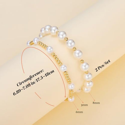 Ornaland Pearl Bracelets for Women Gold Beaded Bracelets Stackable Bracelets Set Stretch Summer Beach Jewelry for Women - style: Style D-2pcs