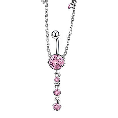KunBead Piercing Navel Waist Chain Belly Button Ring Surgical Steel Sexy Love Dangle Body Jewelry - color: pink