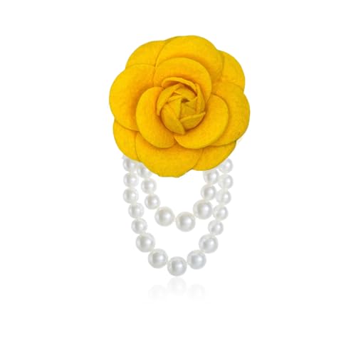 Vintage Camellia Brooch for Women,Statement Pearl Tassel Brooch Boho Multicolored Fabric Flower Brooches Laple Pins Dress Wedding Accessories - color: Yellow