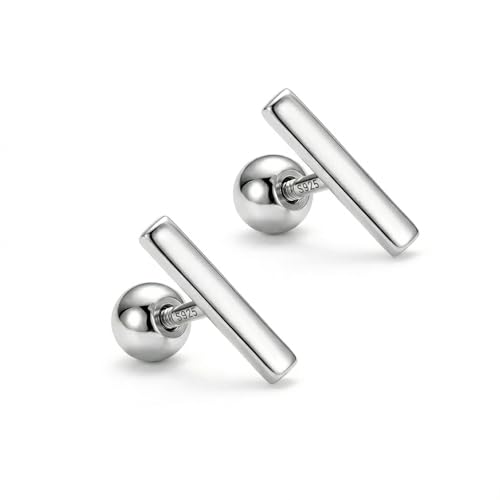 14K Gold Plated Nap Earrings Sterling Silver Ball Bar Bezel Setting CZ Stones Screw Back Hypoallergenic Earrings Everyday Cartilage Helix Parisian Minimalist Piercing Earrings For Women Unisex - color: Sleek Bar - WG