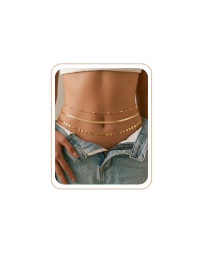 Hypoallergenic Waterproof 18K Gold Body Chain: Dainty 316L Surgical Stainless Steel Jewelry for Women Fashion, Cute Belly Waist Chain for Chest Stomach Hip Bikini Belt - color: Gold