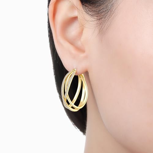 925 Sterling Silver Hoop Earrings for Women, Small and Large Trendy Hoops Hypoallergenic Huggie Earrings Statement Fashion Jewelry Gifts for Sensitive Ear - Double Loop - color: Gold,1.10 in-Large Hoops