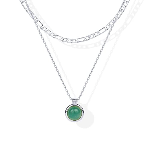 PAVOI 14K Gold Plated Layered Necklaces for Women | Gemstone Pendant Figaro Chain Necklace | Carnelian, Green Aventurine, Malachite Layering Necklace - color: White Gold, style: Green Aventurine