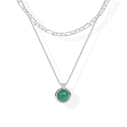 PAVOI 14K Gold Plated Layered Necklaces for Women | Gemstone Pendant Figaro Chain Necklace | Carnelian, Green Aventurine, Malachite Layering Necklace - color: White Gold, style: Green Aventurine