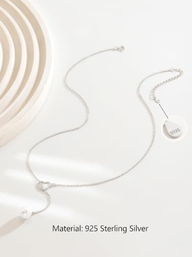 Heart Pearl Y Drop Lariat Long Necklace for Women | 925 Sterling Silver 14K Gold Plated Prom Wedding Bridal Necklace Cute Dainty Layered Dangle Necklace Summer Jewelry - color: Silver