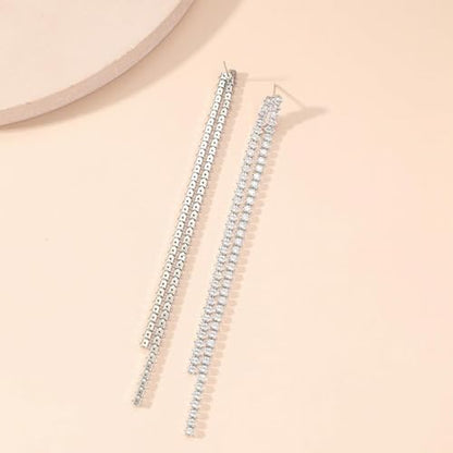 Rhinestone Earrings Prom Earrings for Women Sparkly Long Tassel Chandelier Drop Statement Earring Jewerly Gifts Wedding Party Prom Dresses Accessories - color: C1:silver