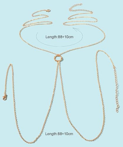Gold Plated Body Chain for Women, Layered Bikini Waist Chain | Sexy Rhinestone Body Jewelry, Chest Belly Chain, Adjustable Fit, Crossover Design, Summer Beach Parties and Vacations - color: Gold9