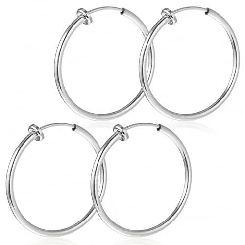 Gold Clip On Hoop Earrings for Women, Classic Chunky Hoops Gold-Tone Brass Spring Hoops for Non Pierced Minimalistic Clip Earrings - color: Silver
