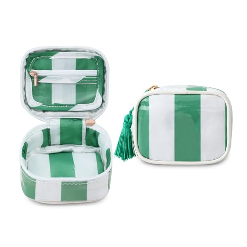Travel Jewelry Case, White and Green | Clear Coated, Stripe, Tassels, Mini Storage Box for Ring,Necklace,Bracelet,Gift - color: White+Green