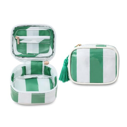 Travel Jewelry Case, White and Green | Clear Coated, Stripe, Tassels, Mini Storage Box for Ring,Necklace,Bracelet,Gift - color: White+Green
