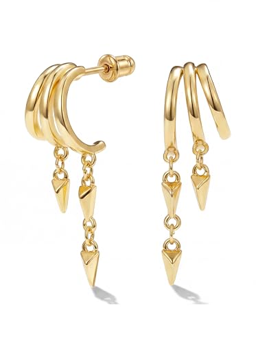 Gold Earrings for Women Trendy 14K Gold Plated Dangle Earrings Small Hoop Huggie Drop Stud Earrings Cubic Zirconia Simple Minimalist Dainty Chain Tassel Hypoallergenic Earrings - color: Simple & Gold