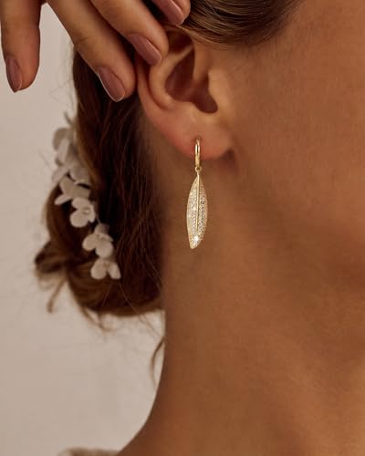 14K Gold Plated/Sterling Silver CZ Pearl Drop Dangle Earrings for Women - color: Gold-Leaf CZ