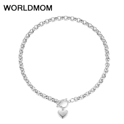 Stainless Steel Puffy Heart Pendant Round Chain Chunky Necklace - size: 20inch