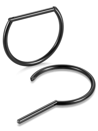 Oveta Titanium D Shaped Nipple Rings 14G for Nipple Piercing Jewelry Higned Segment Clicker Cartilage Hoop Earring 12mm 14mm 16mm for Women Men, Silver/Gold/Black, 2PCS - color: Black, size: 16mm Bar