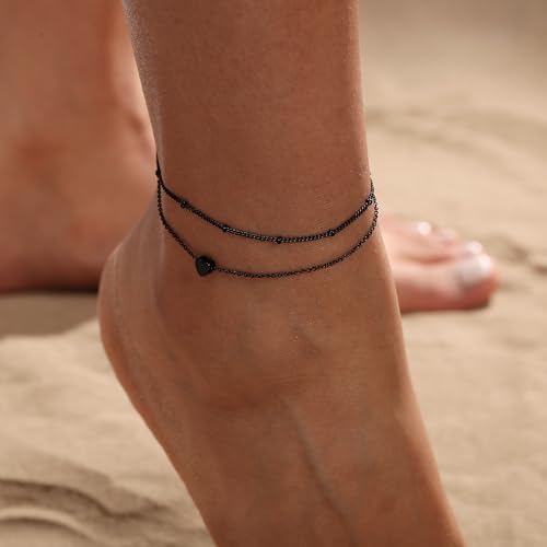 Ankle Bracelets for Women 14K Gold/Silver Plated Cross Heart Bead Anklet Waterproof Adjustable Chain Non Tarnish Cute Boho Trendy Dainty Summer Beach Foot Jewelry Gift for Her - style: 2 Layered Bead&Heart-BLK