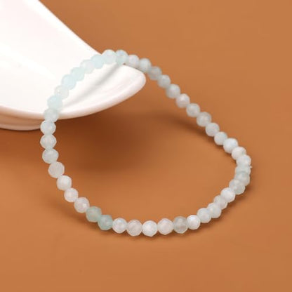 Natural Faceted Crystal Bracelet for Women,4mm Gemstone Round Beads Bracelets Adjustable Stretchy Healing Crystal Beads Bracelets Dainty Jewelry Gift - color: Aquamarine