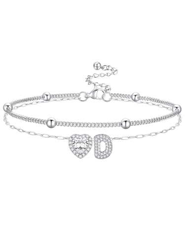Bestyle Initial Anklet Bracelets for Women Waterproof Non Tarnish 14K Gold/White Gold Plated CZ Anklets for Women Dainty Layered Letter Heart Ankle Bracelets Adjustable Foot Chain Anklet - color: D
